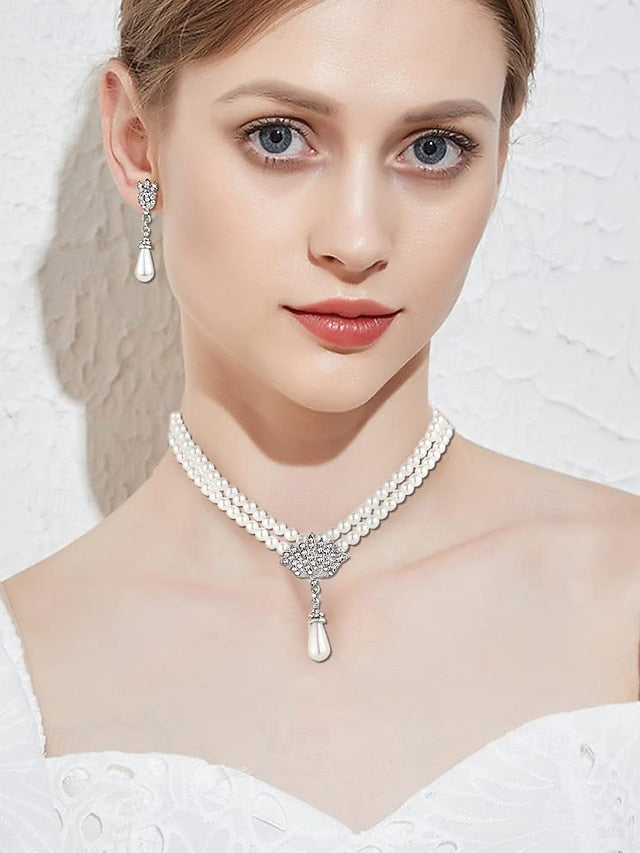 Pearl – Set Double-Layer Bridal Elegant Necklace Jewelry