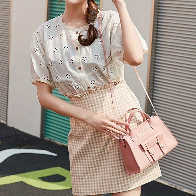 Women's White Faux Leather Handbag with Top Handle and