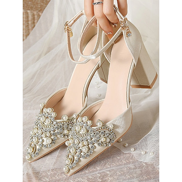 Embellished and Pearl Wedding Rhinestone Heel Block Women's