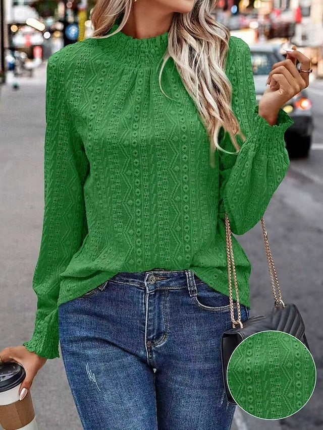 Women's Popover Shirt Casual Shirt Blouse Eyelet Solid
