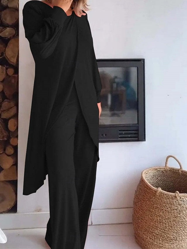 Women's Pants Sets Long Sleeve Crew Neck Solid Color Ruched