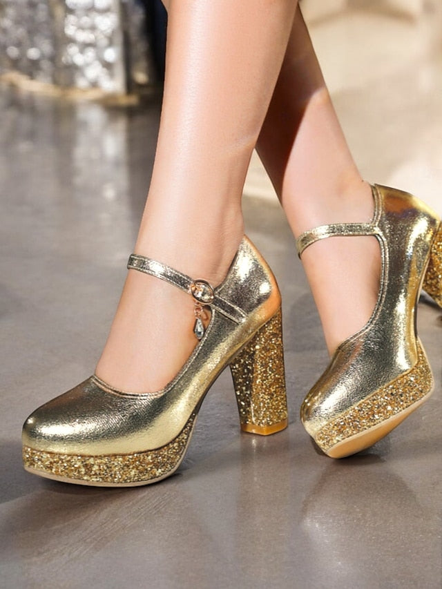 Heel Gold Pumps Sparkly Women's Jane Glitter Block Mary –