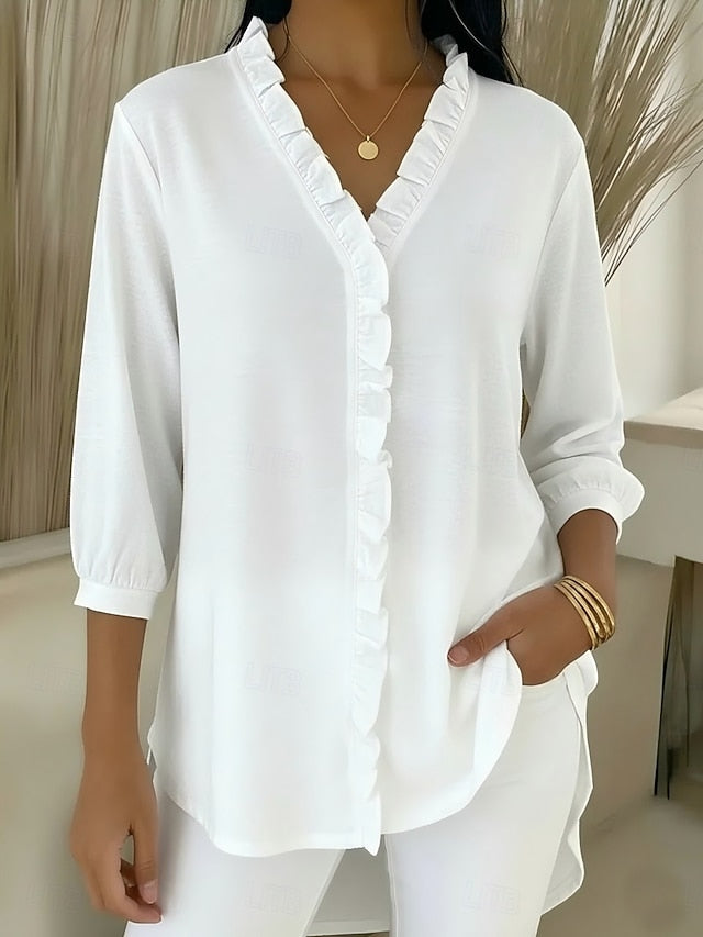 Women's Popover Shirt Casual Shirt Blouse Ruffle Solid