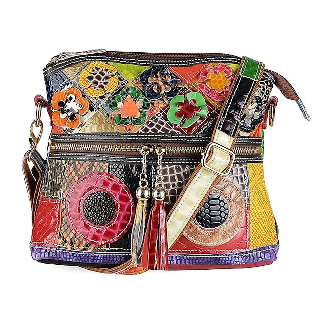 Damen Leder Schultertasche Bohemian Bunt Patchwork - Tasche