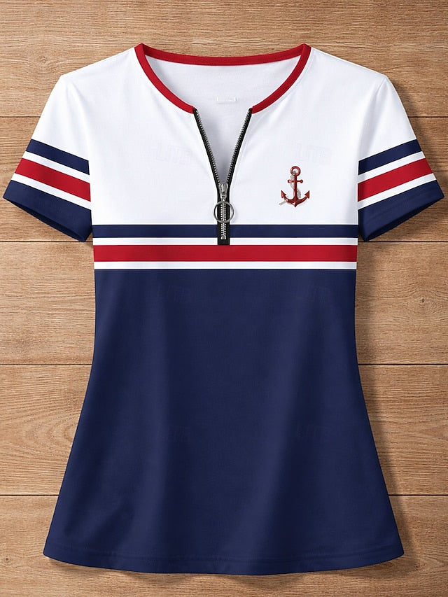 Women's T Shirt Quarter Zip Graphic Geometric Striped