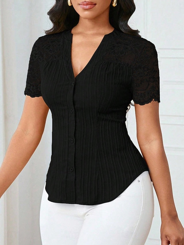 Women's T Shirt Tee Top Lace Patchwork Plain Elegant