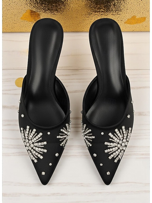Satin Rhinestone with Toe Women's Pointed Mules Black
