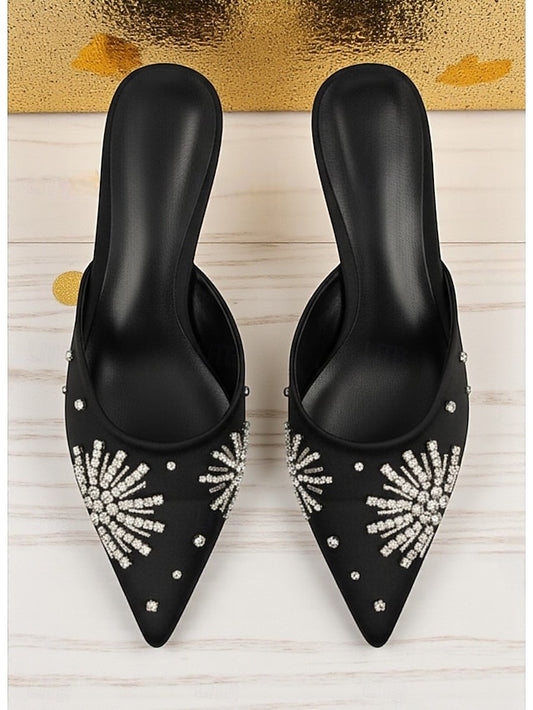 Satin Rhinestone with Toe Women's Pointed Mules Black