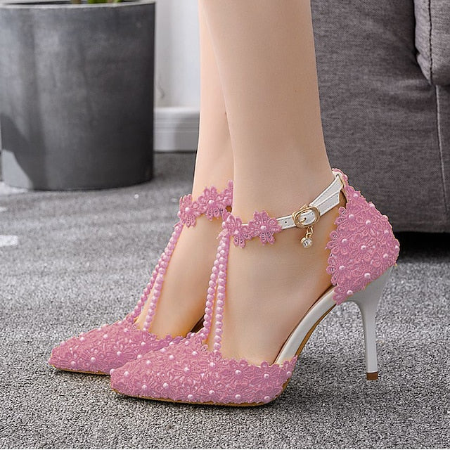 Shoes Heel Lace High Women's Bridal Pointed Wedding