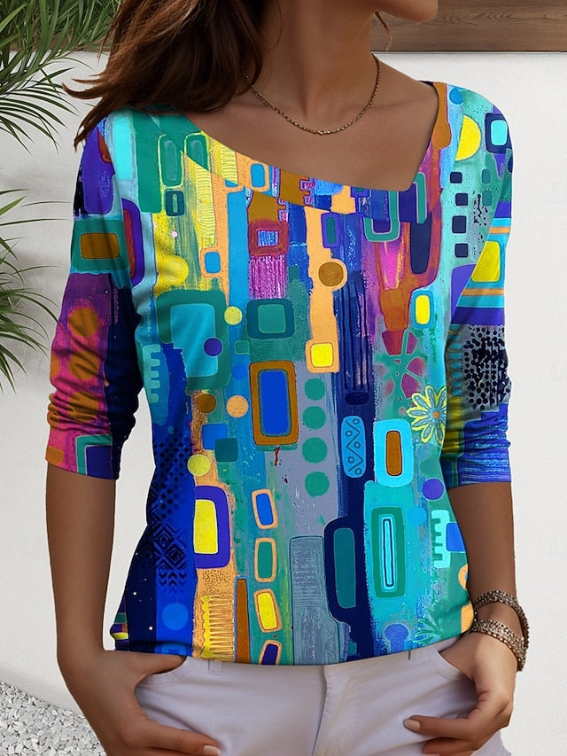 Women's T Shirt Print Graphic Geometric Casual Long Sleeve