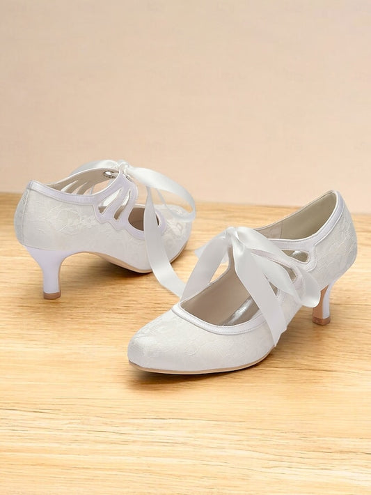 Pumps - Lace Bridal with Satin Elegant Ribbon Vintage White Ties