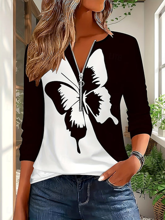Women's T Shirt Zipper Print Graphic Color Block Butterfly