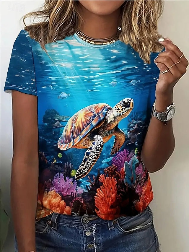 Women's T Shirt Summer Tops Print Scenery Sea Turtle