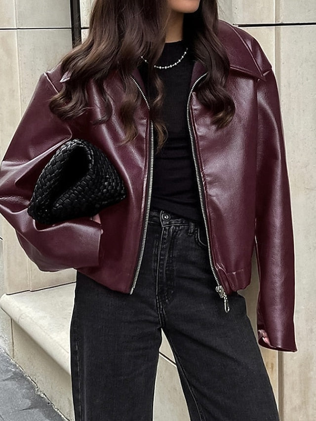 Warm Pocket Faux Leather Comfortable Zipper Jacket Women's