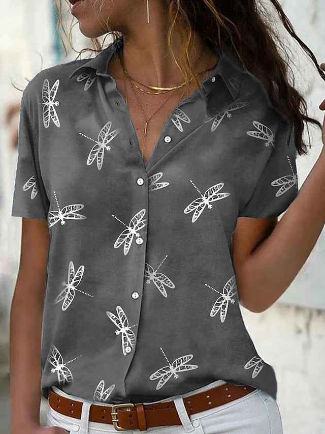Women's Casual Shirt Short Sleeve Dragonfly Print Lapel