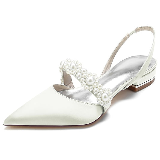 White Women's Elegant Pearl Satin Shoes with