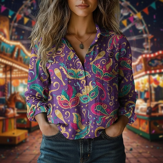 Carnival Mardi Gras Women's Shirt Boho Shirt Buttons Print