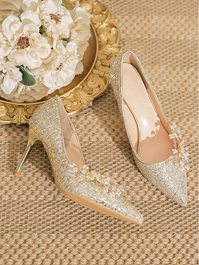 Heels Floral Silver with Women's Glitter Stiletto