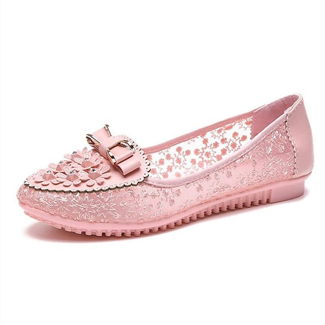 with Floral Women's Bow Flats Pink Details and Lace -