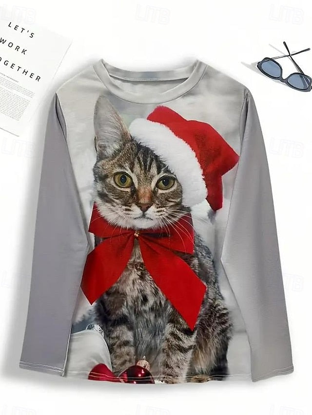 Christmas Women's T-Shirt Round Neck Red Festive Holiday