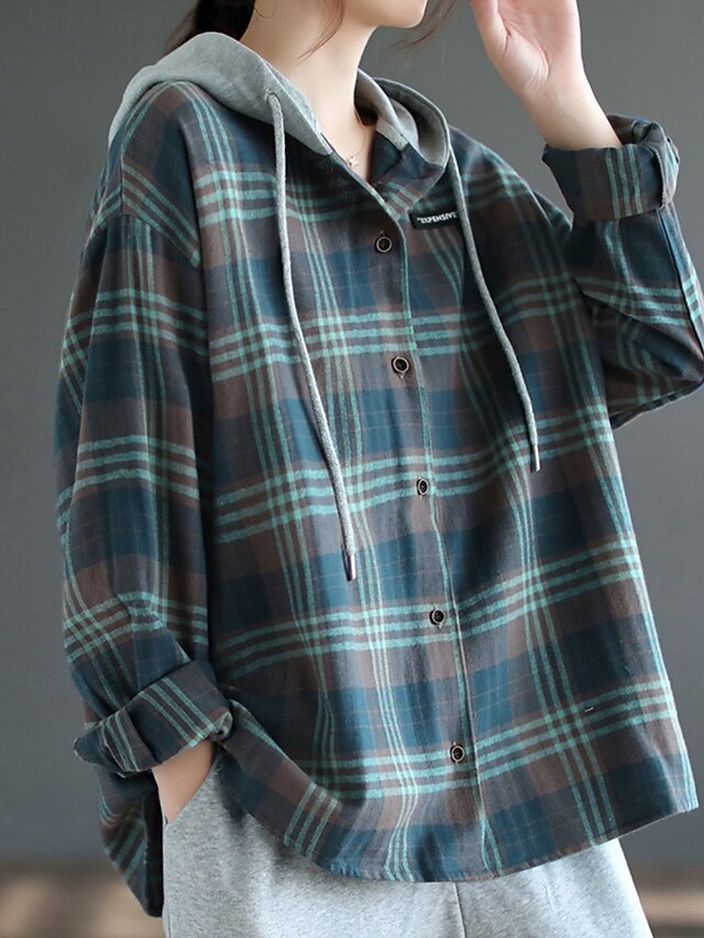 Women's Blouse Buttons Print Plaid Stylish Casual Long