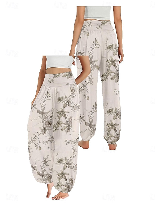 Women's Faux Cotton Linen Wide Leg Pants Trousers Ethnic