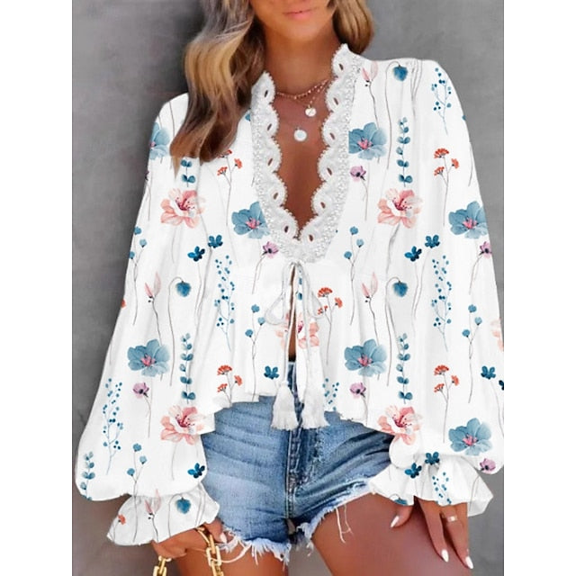 Women's Blouse Lace up Lace Floral Stylish Casual Long