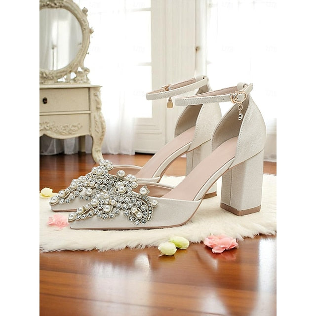 Women's Heel Embellished Wedding Rhinestone and Pearl Block