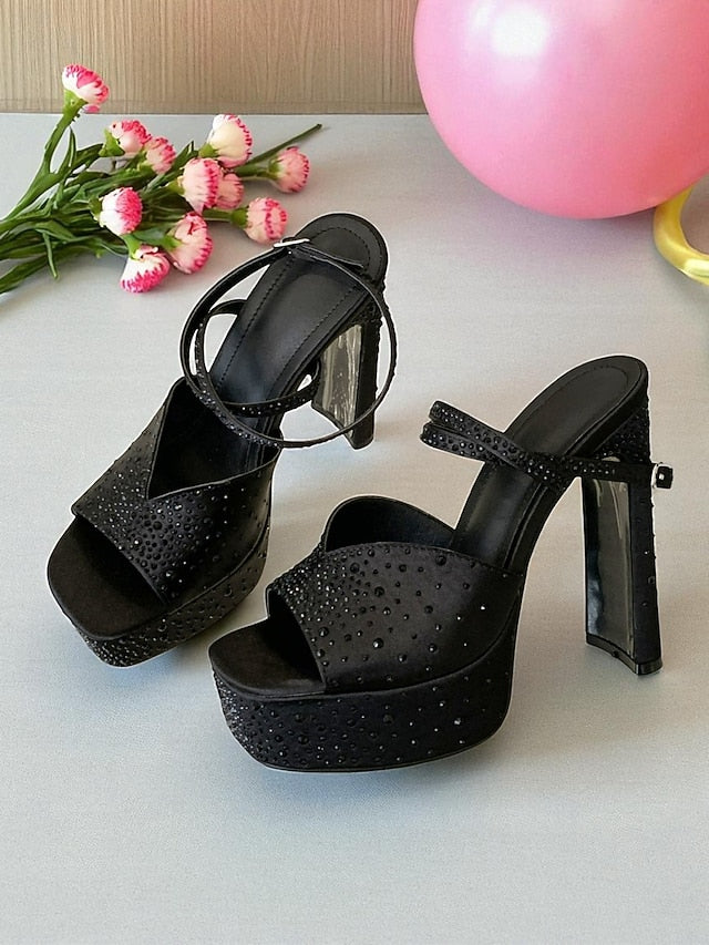 Toe Women's Platform with Rhinestone Heel Peep High Sandals