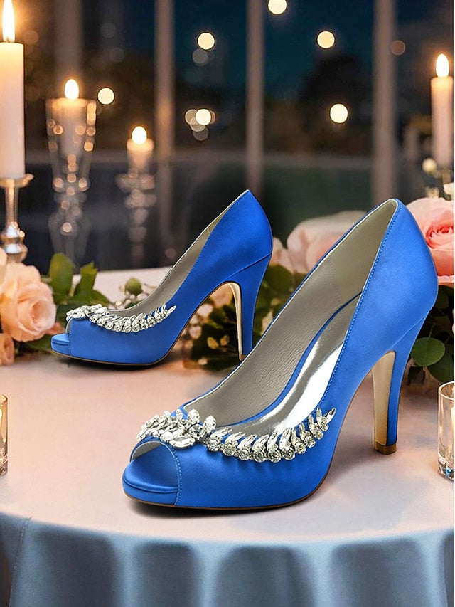 Peep-Toe with Crystal – Satin Embellishment Blue Luxury Heels