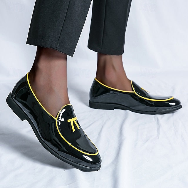 Faux Trim Black Men's Leather Patent Loafers Yellow with