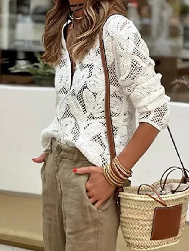 Women's Blouse Cut Out Plain Modern Casual Long Sleeve V