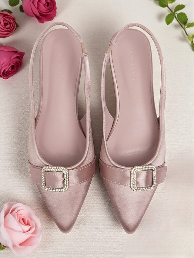 Rhinestone Flats Satin Pink with Slingback Buckle Women's