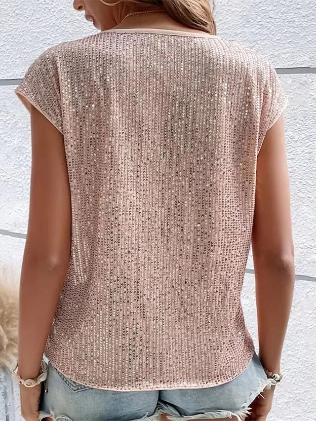 Women's T Shirt Summer Tops Sequins Patchwork Solid Color
