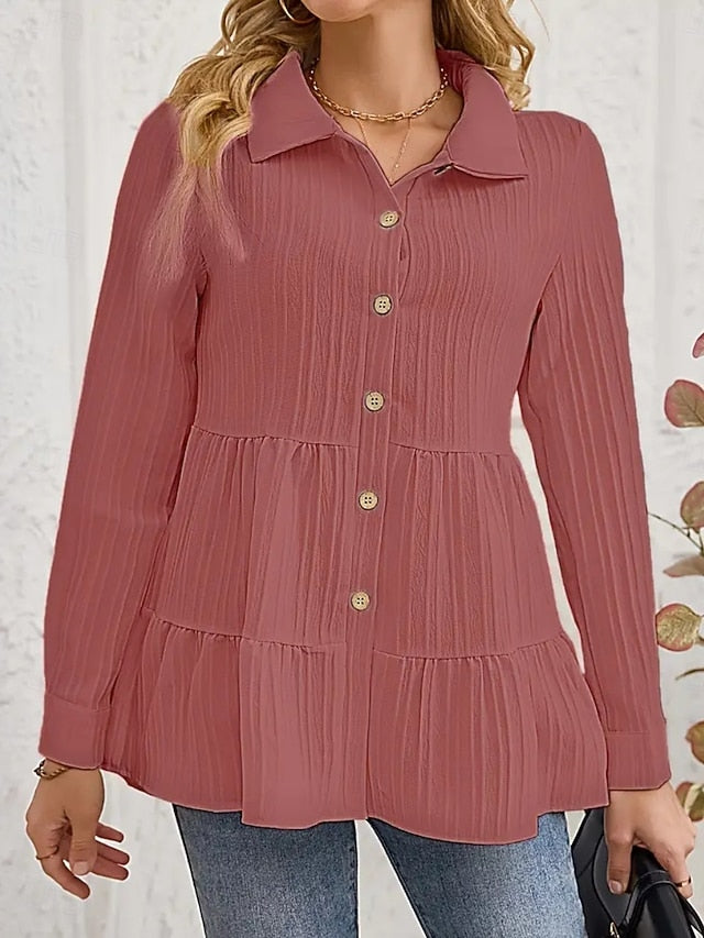 Women's Blouse Ruched Buttons Solid Color Stylish Casual