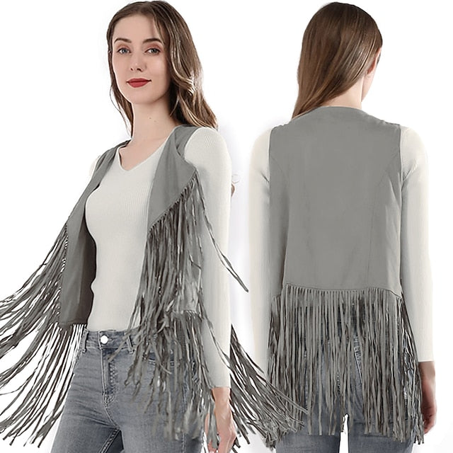 Retro Vintage 1970s Suede Vest Sleeveless Hippie Tassel Fringe