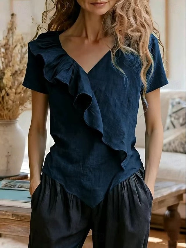 Women's Summer Shirt Casual Shirt Blouse Ruffle Solid Color