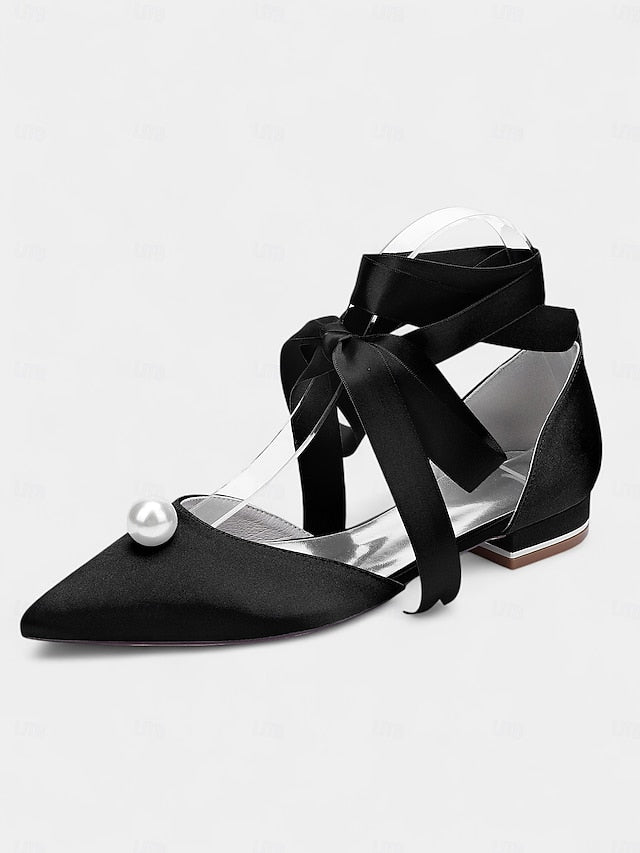Pointed Toe Embellished Navy - Women's Pearl Satin Flats