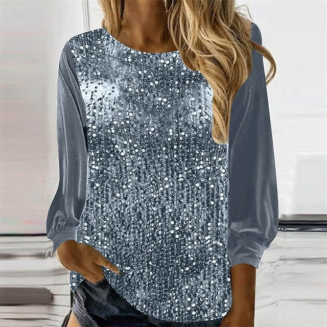 Women's T Shirt Tee Top Sequins Patchwork Solid Color