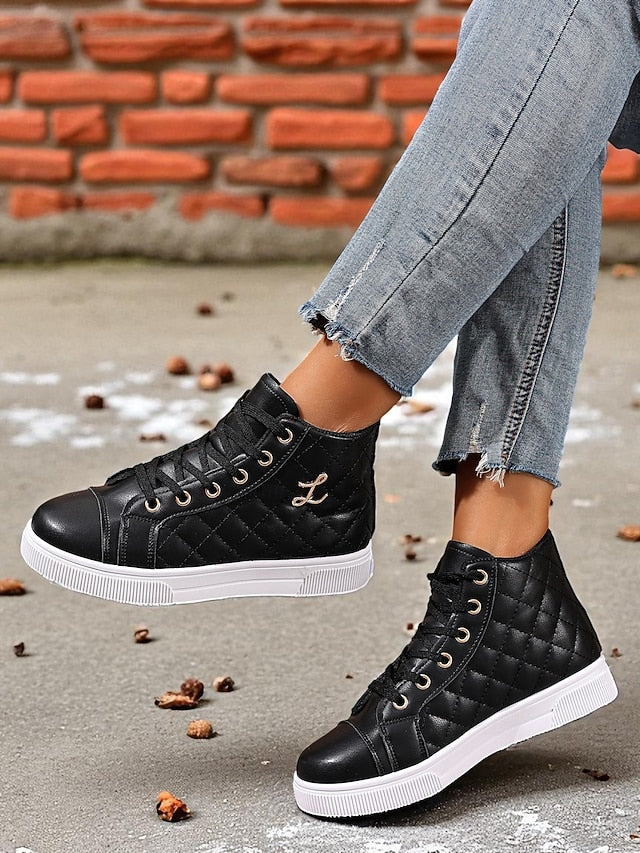Women's White Quilted High-Top Sneakers, Fashion Lace-Up