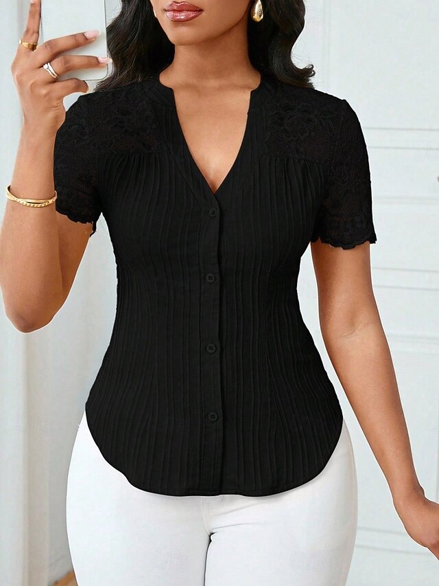 Women's T Shirt Tee Top Lace Patchwork Plain Elegant