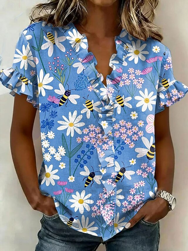Women's Shirt Tunic Ruffle Floral Graphic Elegant Vintage