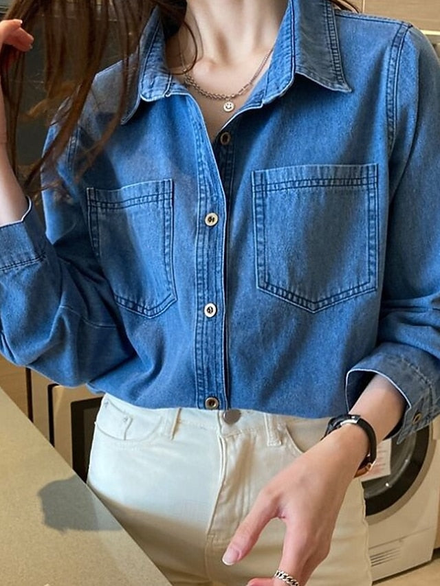 Women's Shirt Blouse Pocket Buttons Plain Casual Long