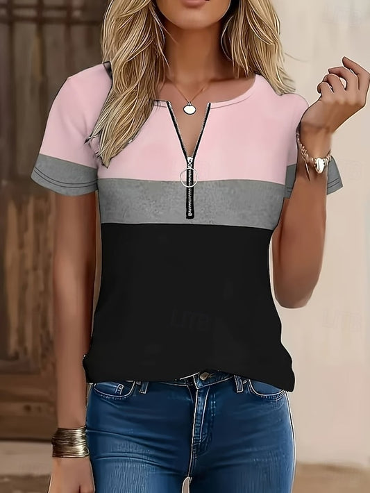 Women's T Shirt Color Block Quarter Zip Graphic Striped