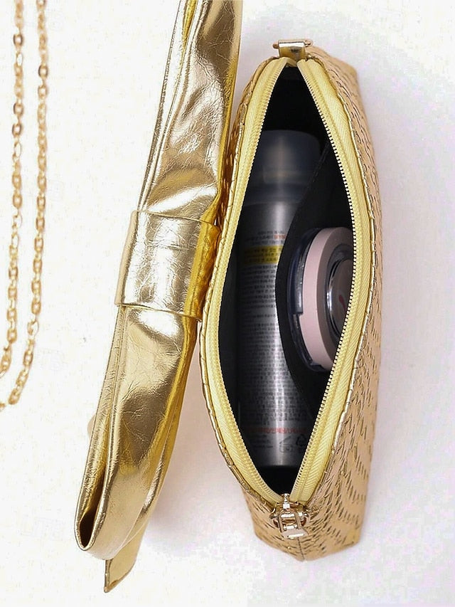 with Faux Leather Clutch Bow Gold Bag Oversized Women's