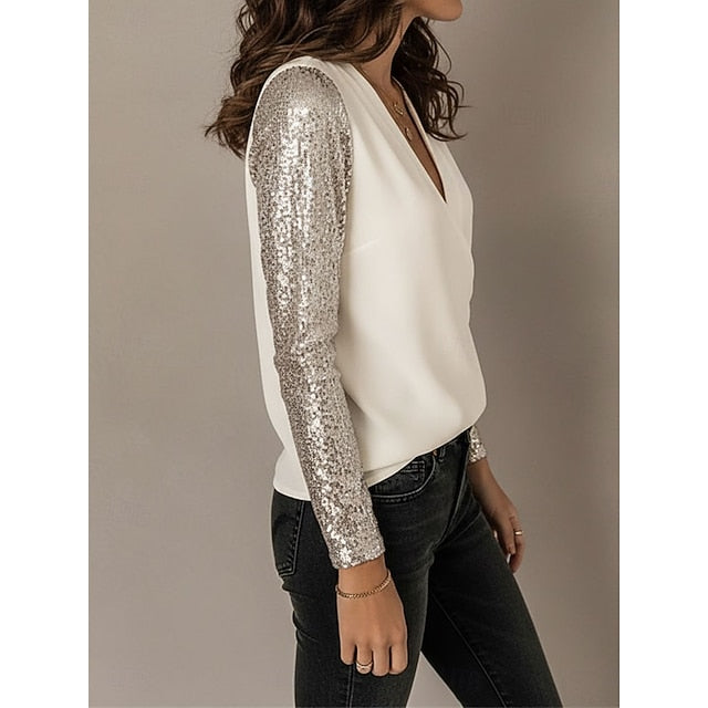 Women's T Shirt Sequins Patchwork Solid Color Elegant