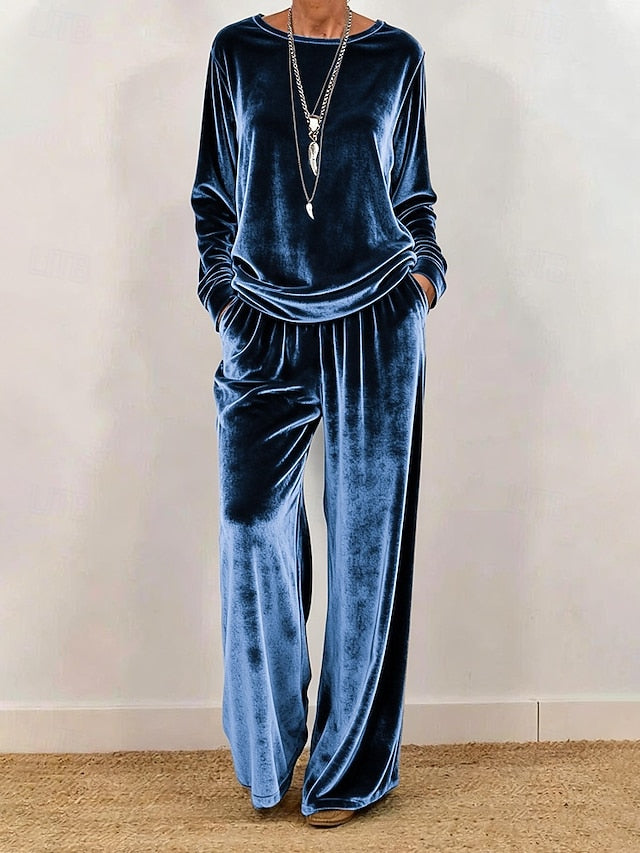 Women's Pants Sets Long Sleeve Round Neck Solid Color