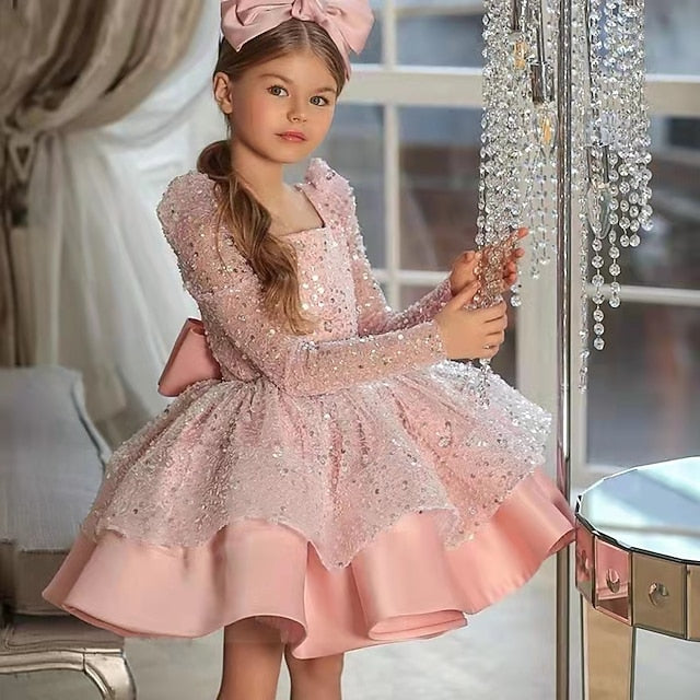 3D Girls' Fall Sleeve Dress Sequin Summer Long Spring