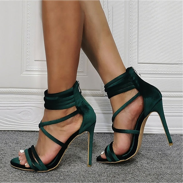 Women's Sandals Strappy Satin Green – Heel Stiletto