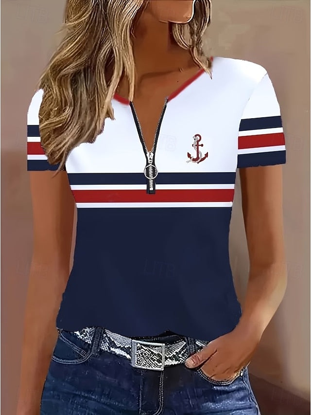 Women's T Shirt Quarter Zip Graphic Geometric Striped